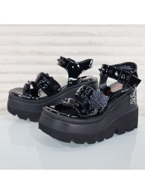 Demonia Shoes - NIB Shaker 13 Black Out Patent 4.5" Wedge Heel Gothic Sandals Studs Charms